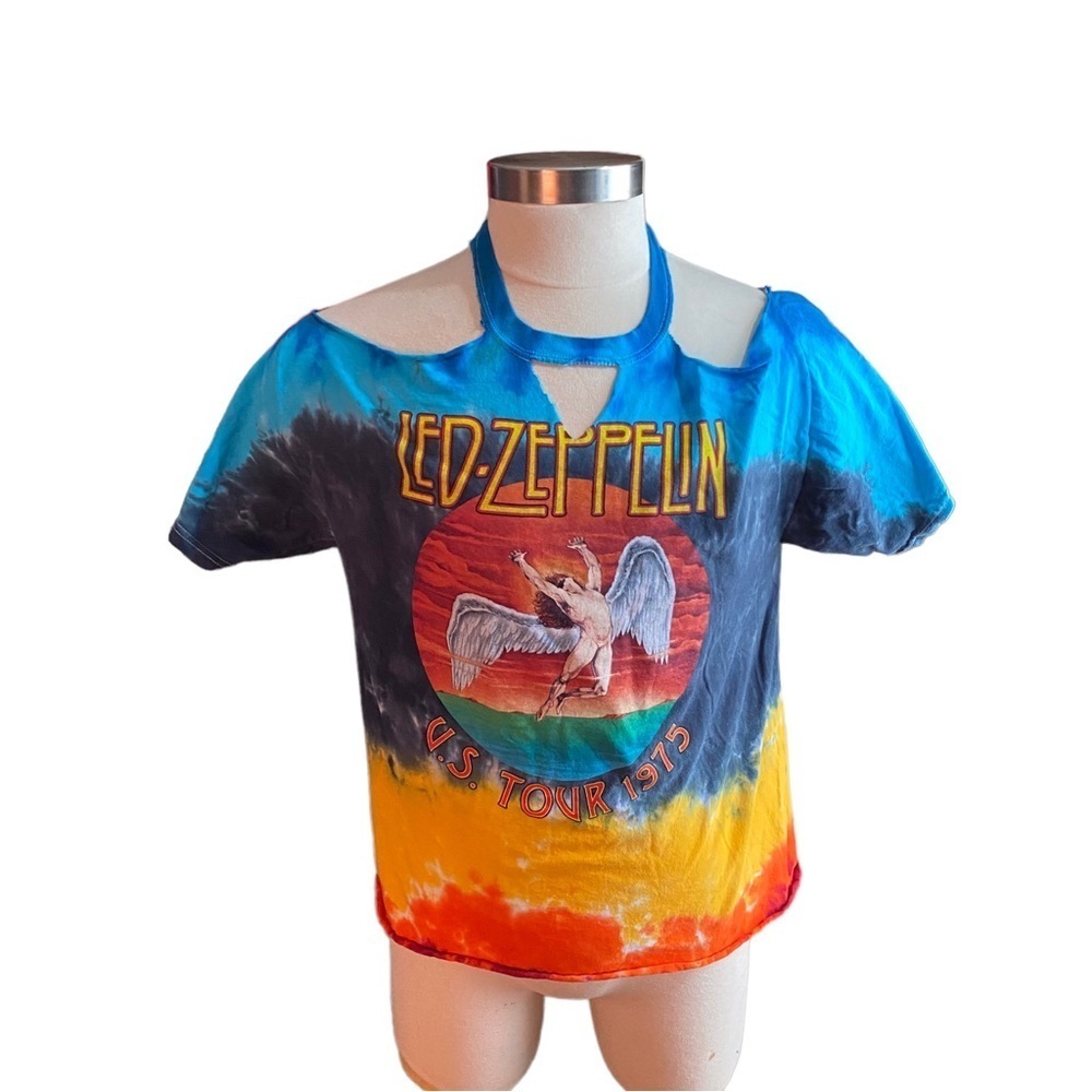 Led Zeppelin U.S. Tour 1975 Tie-Dye DYI Cold-Shoulders Peek-a-Boo Chest Tee M